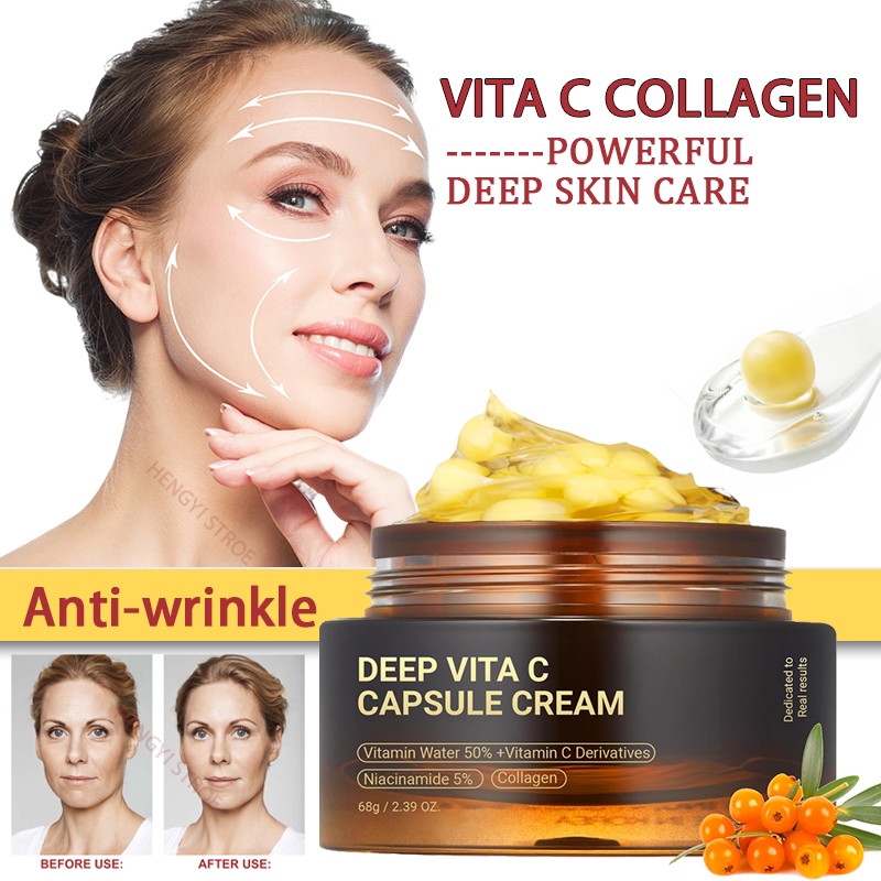 Luxury Skincare Brands - 抗シワビタ C カプセルクリームコラーゲンフェイスアンチエイジングジェル引き締め修復フェードライン韓国スキンケア製品 2.39 オンス